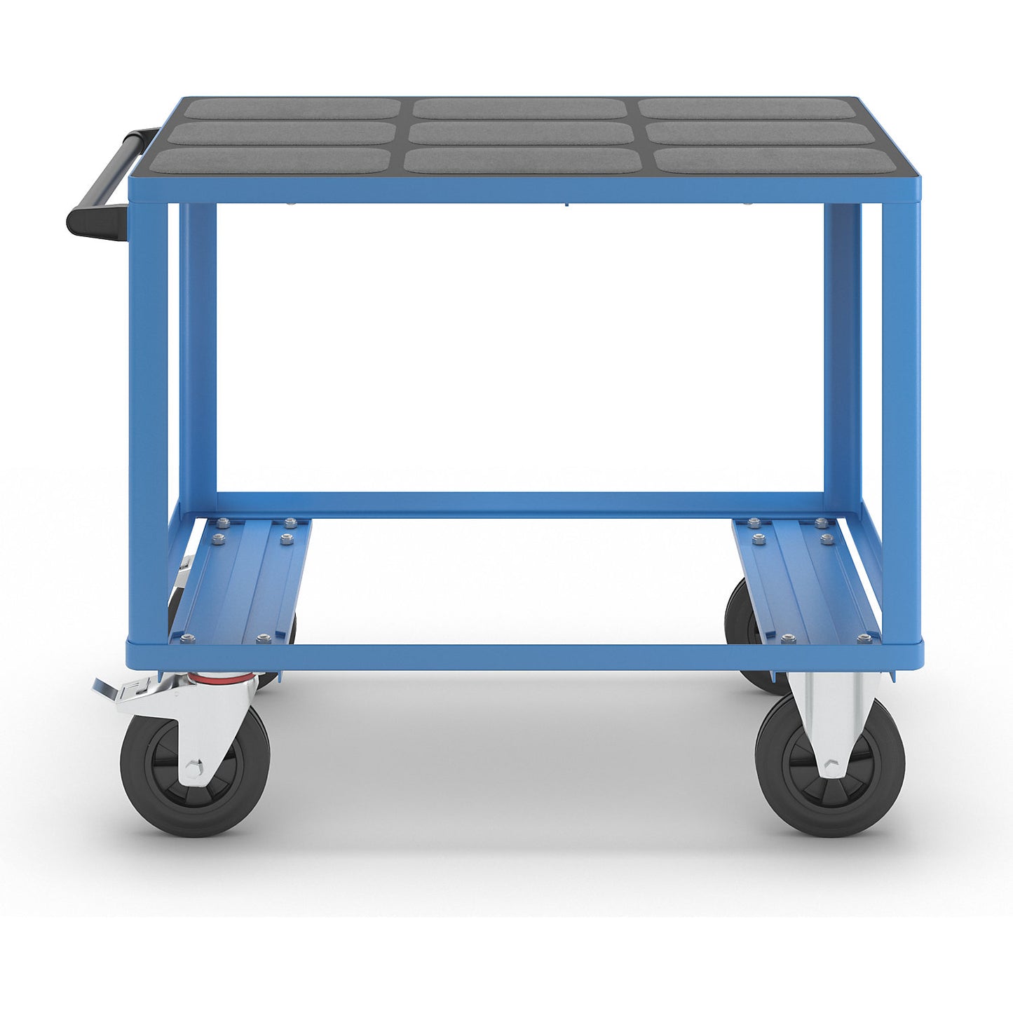 Assembly trolley, max. load 500 kg, 1 plastic shelf, shelf 1050 x 700 mm, light blue frame.