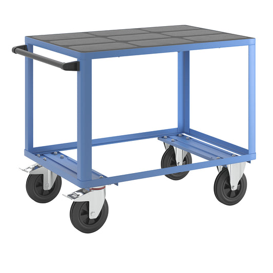 Assembly trolley, max. load 500 kg, 1 plastic shelf, shelf 1050 x 700 mm, light blue frame.
