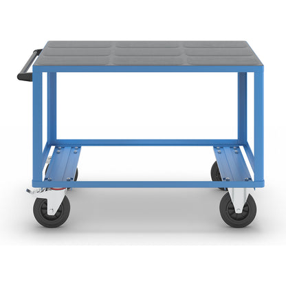 Assembly trolley, max. load 500 kg, 1 plastic shelf, shelf 1250 x 800 mm, light blue frame.