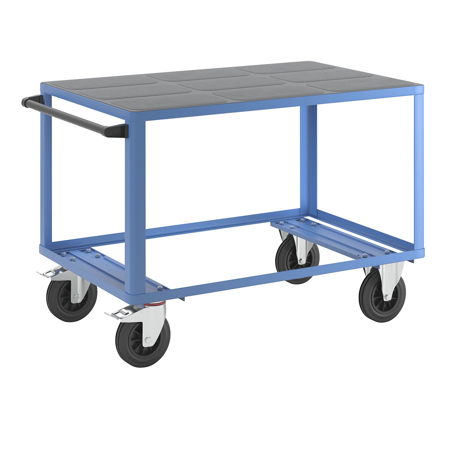 Assembly trolley, max. load 500 kg, 1 plastic shelf, shelf 1250 x 800 mm, light blue frame.