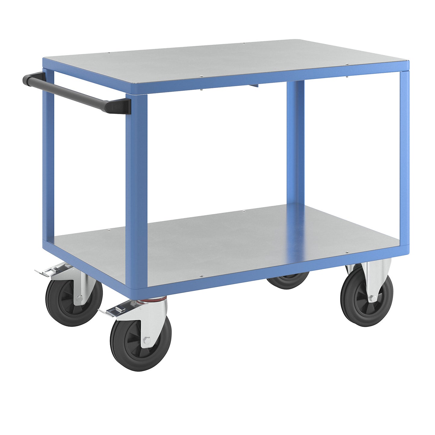 Assembly trolley, max. load 500 kg, 2 shelves with zinc plated sheet steel covering, shelf 1050 x 700 mm, light blue frame.
