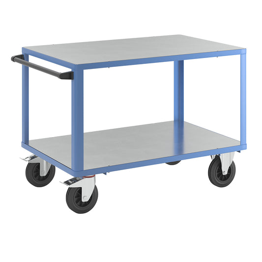 Assembly trolley, max. load 500 kg, 2 shelves with zinc plated sheet steel covering, shelf 1250 x 800 mm, light blue frame.