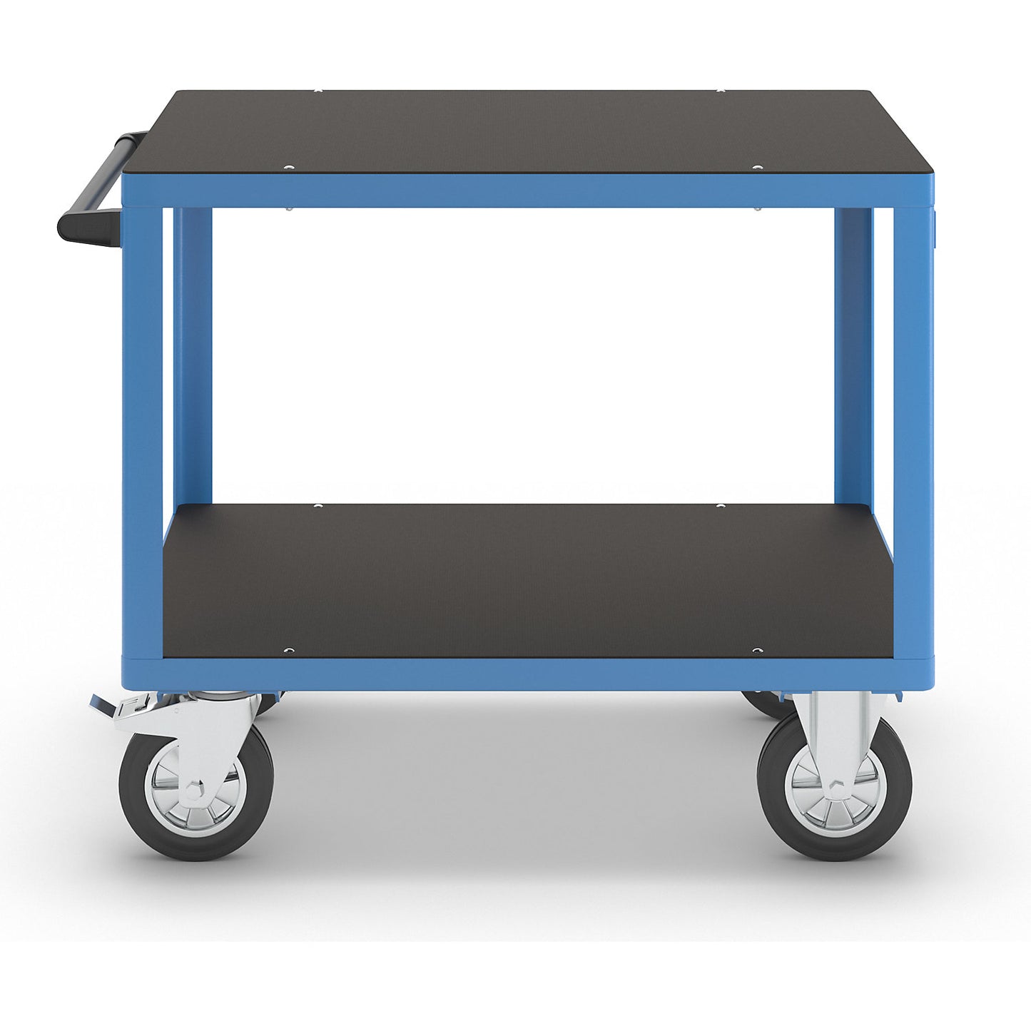 Assembly trolley, max. load 1000 kg, 2 shelves made of phenolic plywood, shelf 1050 x 700 mm, light blue frame.