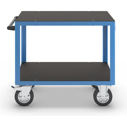 Assembly trolley, max. load 1000 kg, 2 shelves made of phenolic plywood, shelf 1050 x 700 mm, light blue frame.