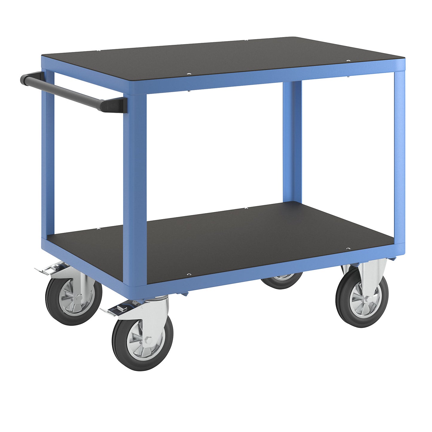 Assembly trolley, max. load 1000 kg, 2 shelves made of phenolic plywood, shelf 1050 x 700 mm, light blue frame.