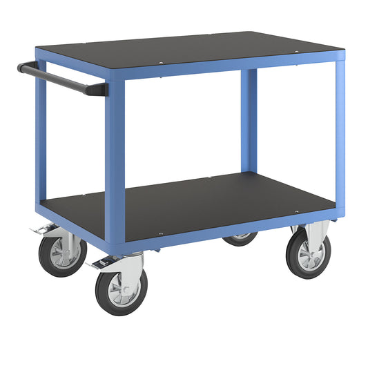 Assembly trolley, max. load 1000 kg, 2 shelves made of phenolic plywood, shelf 1050 x 700 mm, light blue frame.