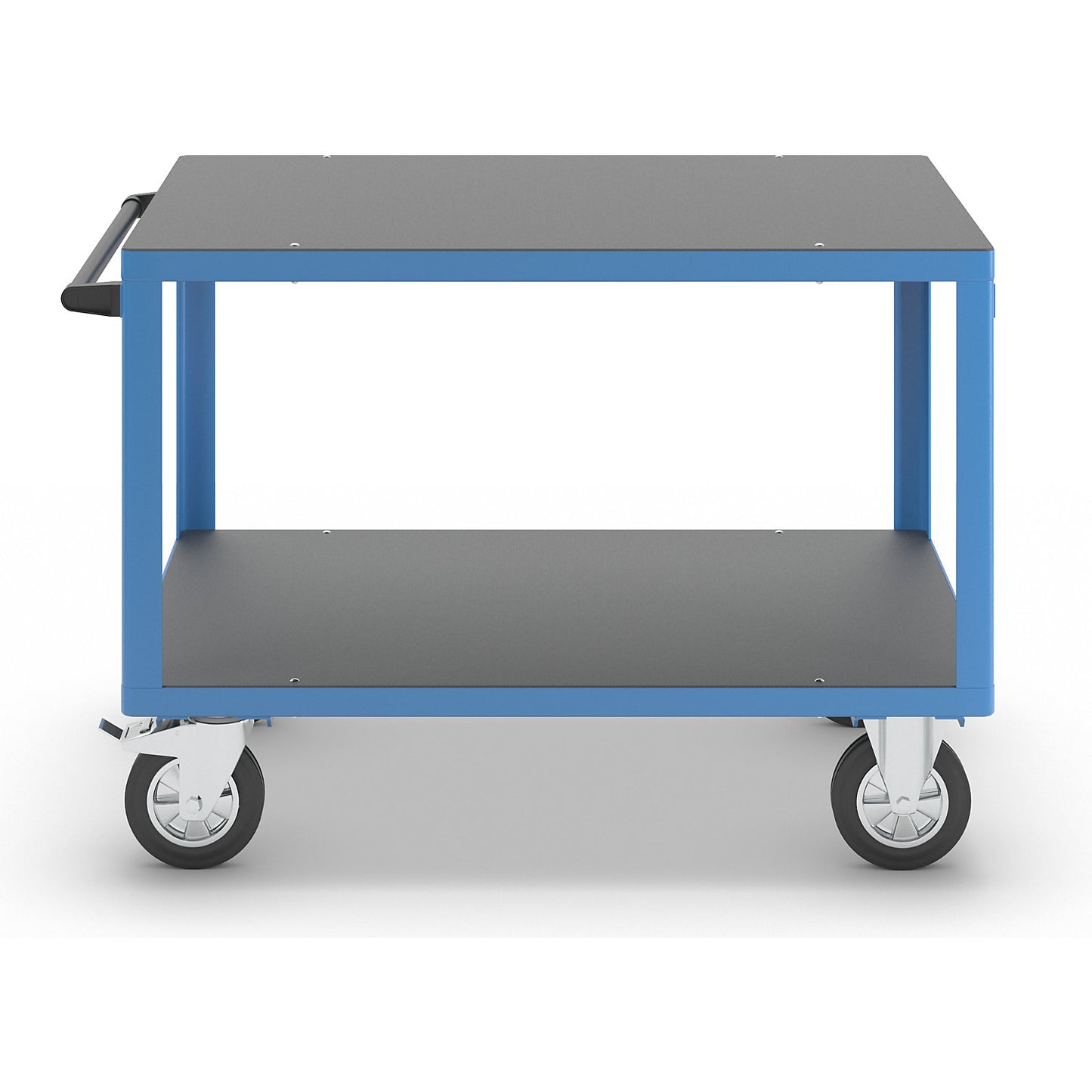 Assembly trolley, max. load 1000 kg, 2 shelves made of phenolic plywood, shelf 1250 x 800 mm, light blue frame.
