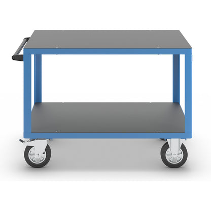 Assembly trolley, max. load 1000 kg, 2 shelves made of phenolic plywood, shelf 1250 x 800 mm, light blue frame.