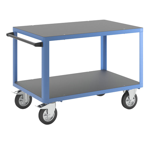 Assembly trolley, max. load 1000 kg, 2 shelves made of phenolic plywood, shelf 1250 x 800 mm, light blue frame.
