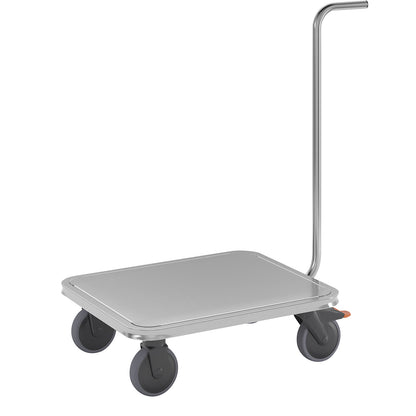Stainless steel four wheeler, plastic wheels, max. load 150 kg.