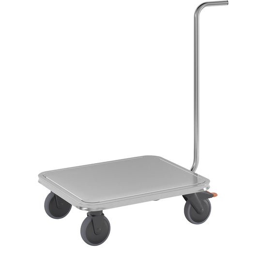 Stainless steel four wheeler, plastic wheels, max. load 150 kg.