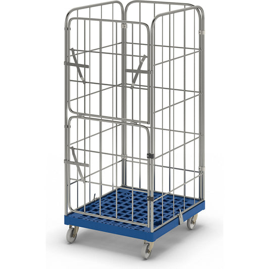 MODULAR roll container, plastic transport dolly, mesh on 4 sides, dark blue dolly.