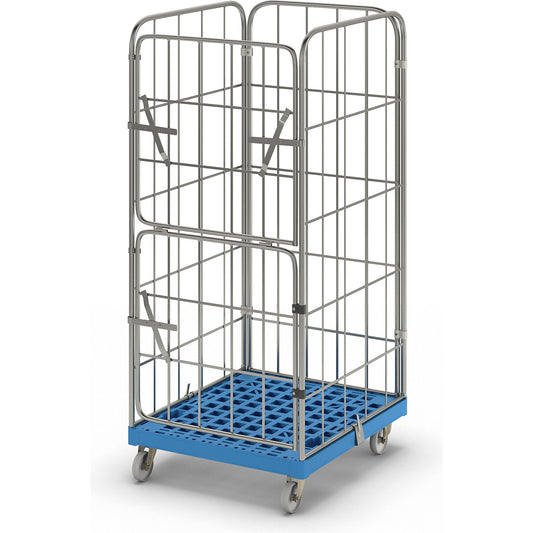 MODULAR roll container, plastic transport dolly, mesh on 4 sides, light blue dolly.
