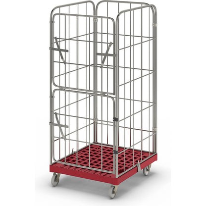MODULAR roll container, plastic transport dolly, mesh on 4 sides, red dolly.