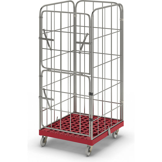 MODULAR roll container, plastic transport dolly, mesh on 4 sides, red dolly.