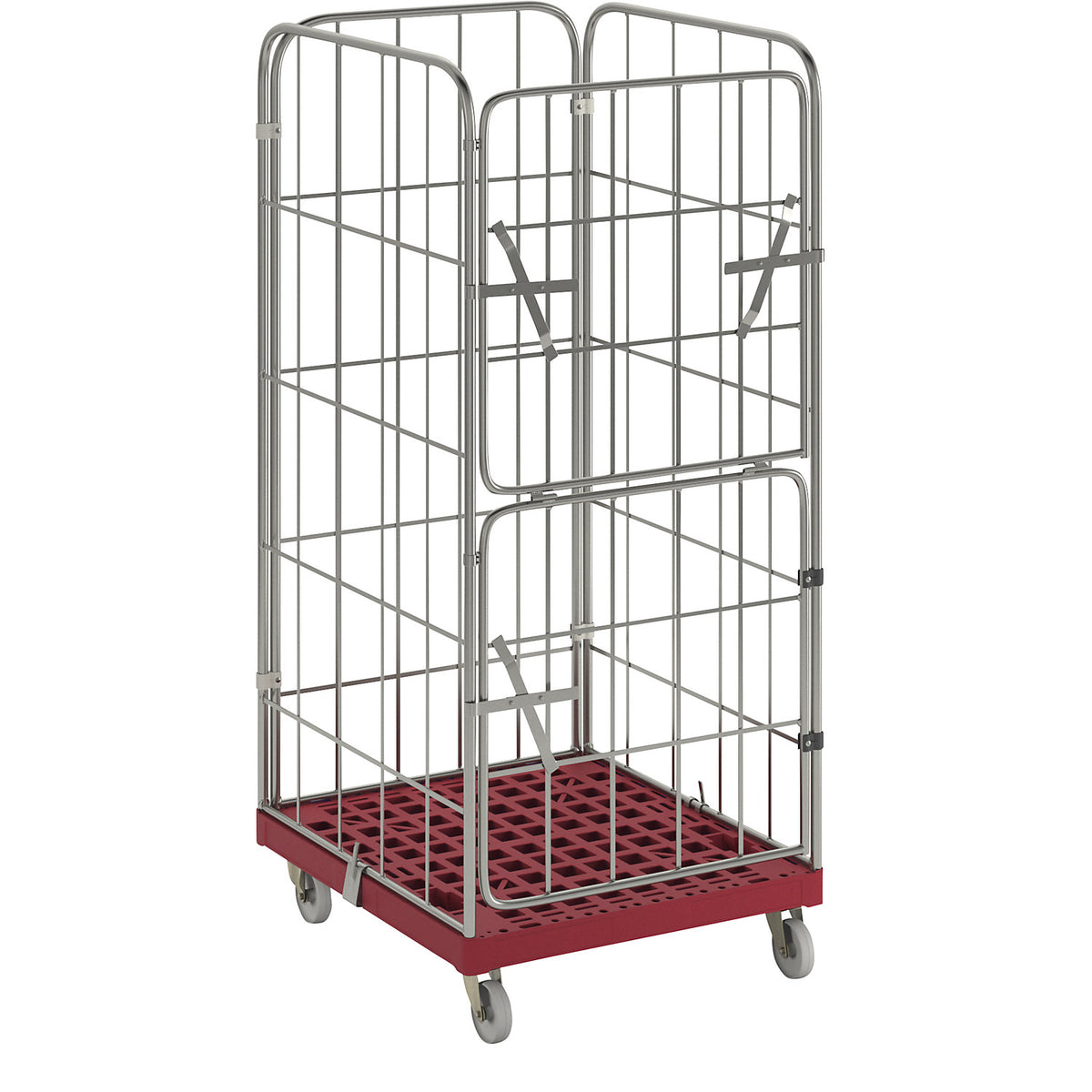 MODULAR roll container, plastic transport dolly, mesh on 4 sides, red dolly.
