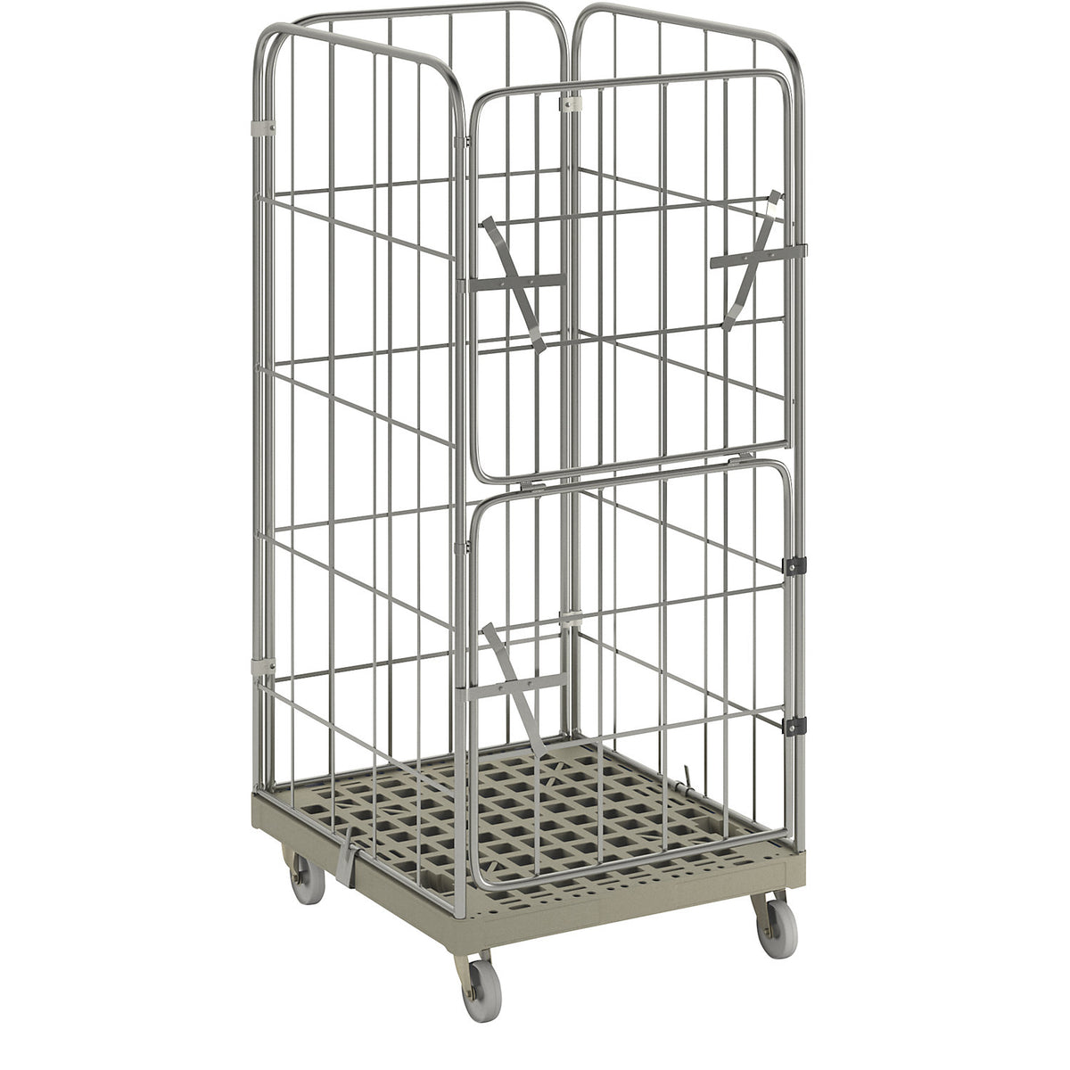 MODULAR roll container, plastic transport dolly, mesh on 4 sides, grey dolly.