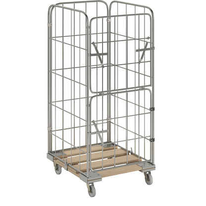 MODULAR roll container, wooden transport dolly, mesh on 4 sides.