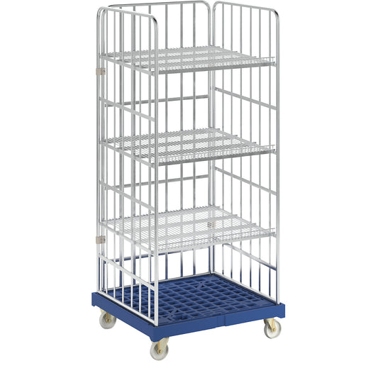 Roll cage incl. shelves, plastic transport base, dark blue dolly.