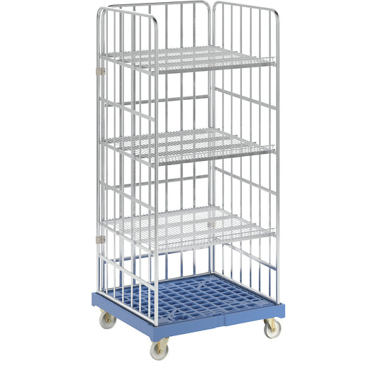 Roll cage incl. shelves, plastic transport base, light blue dolly.