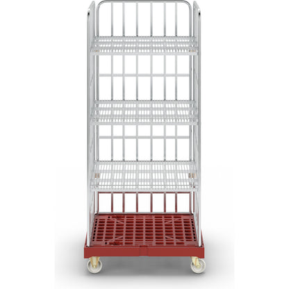 Roll cage incl. shelves, plastic transport base, red dolly.