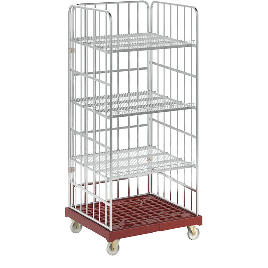 Roll cage incl. shelves, plastic transport base, red dolly.