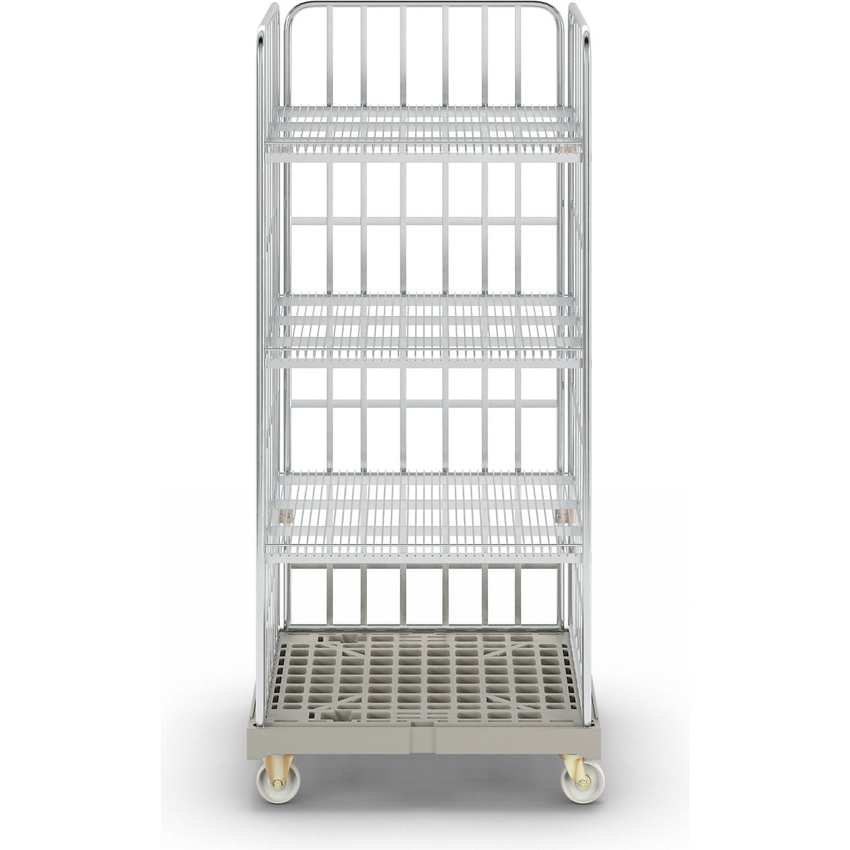 Roll cage incl. shelves, plastic transport base, grey dolly.
