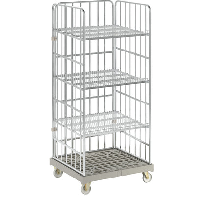 Roll cage incl. shelves, plastic transport base, grey dolly.