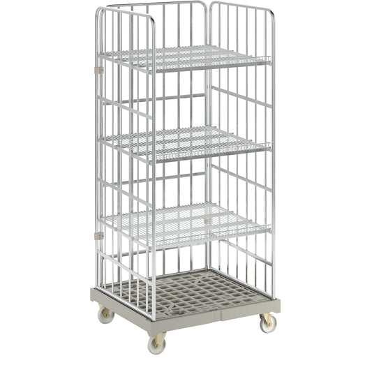 Roll cage incl. shelves, plastic transport base, grey dolly.
