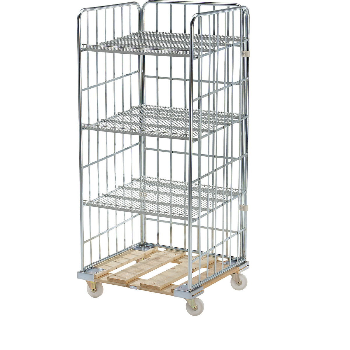 Roll cage incl. shelves, wooden transport base, untreated wood.