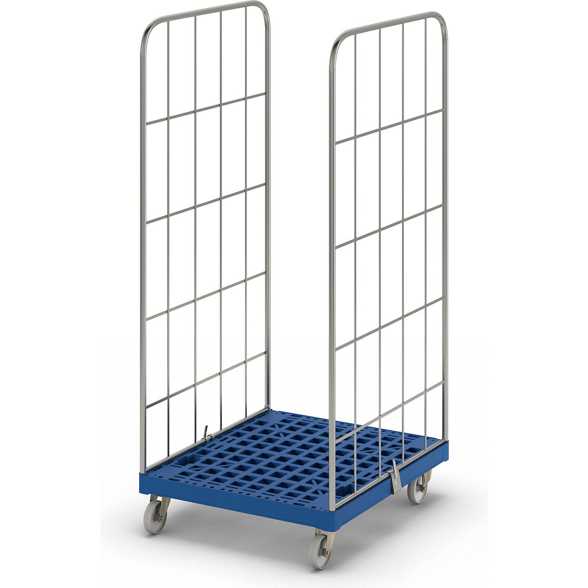 MODULAR roll container, plastic transport dolly, mesh on 2 sides, dark blue dolly.
