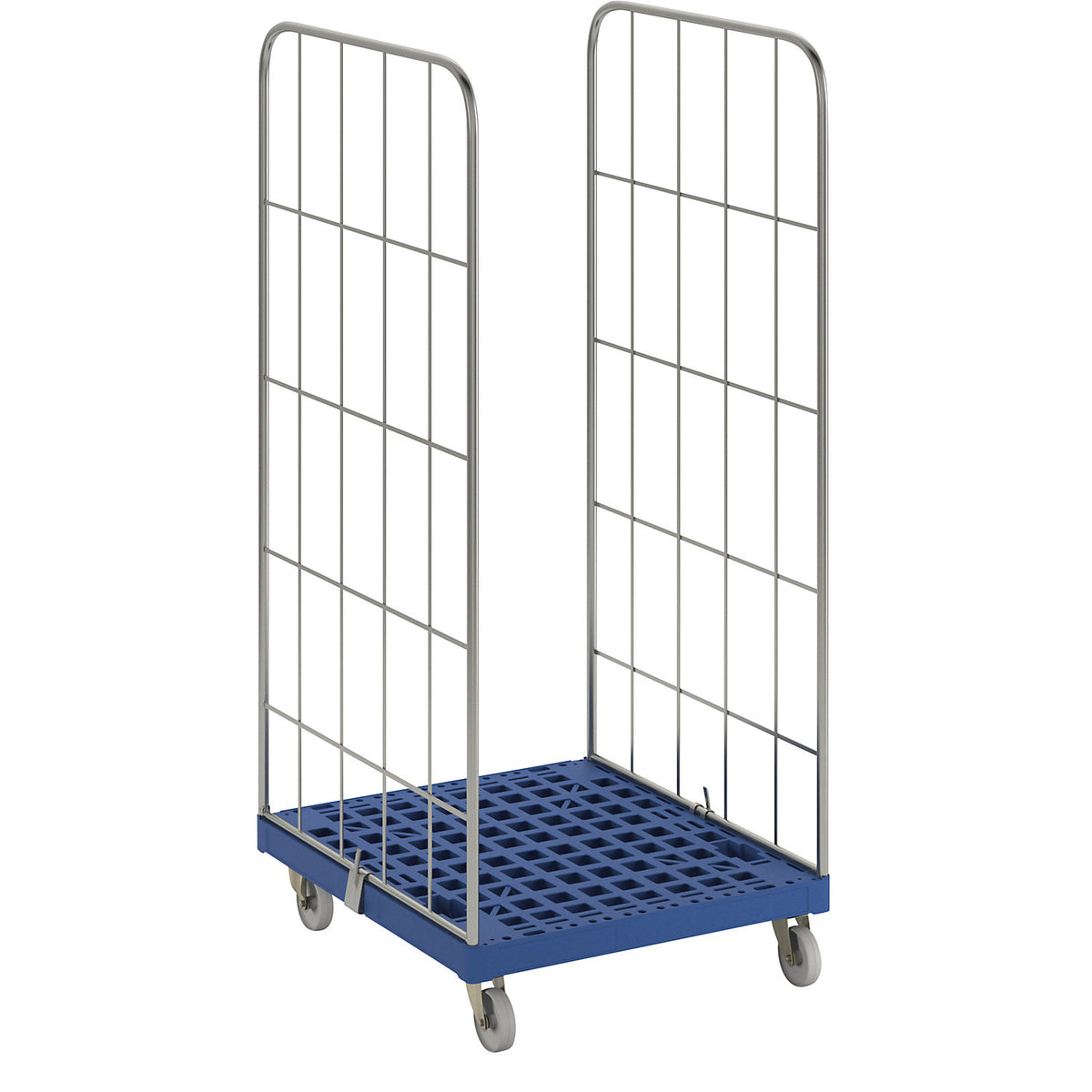 MODULAR roll container, plastic transport dolly, mesh on 2 sides, dark blue dolly.