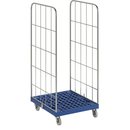 MODULAR roll container, plastic transport dolly, mesh on 2 sides, dark blue dolly.