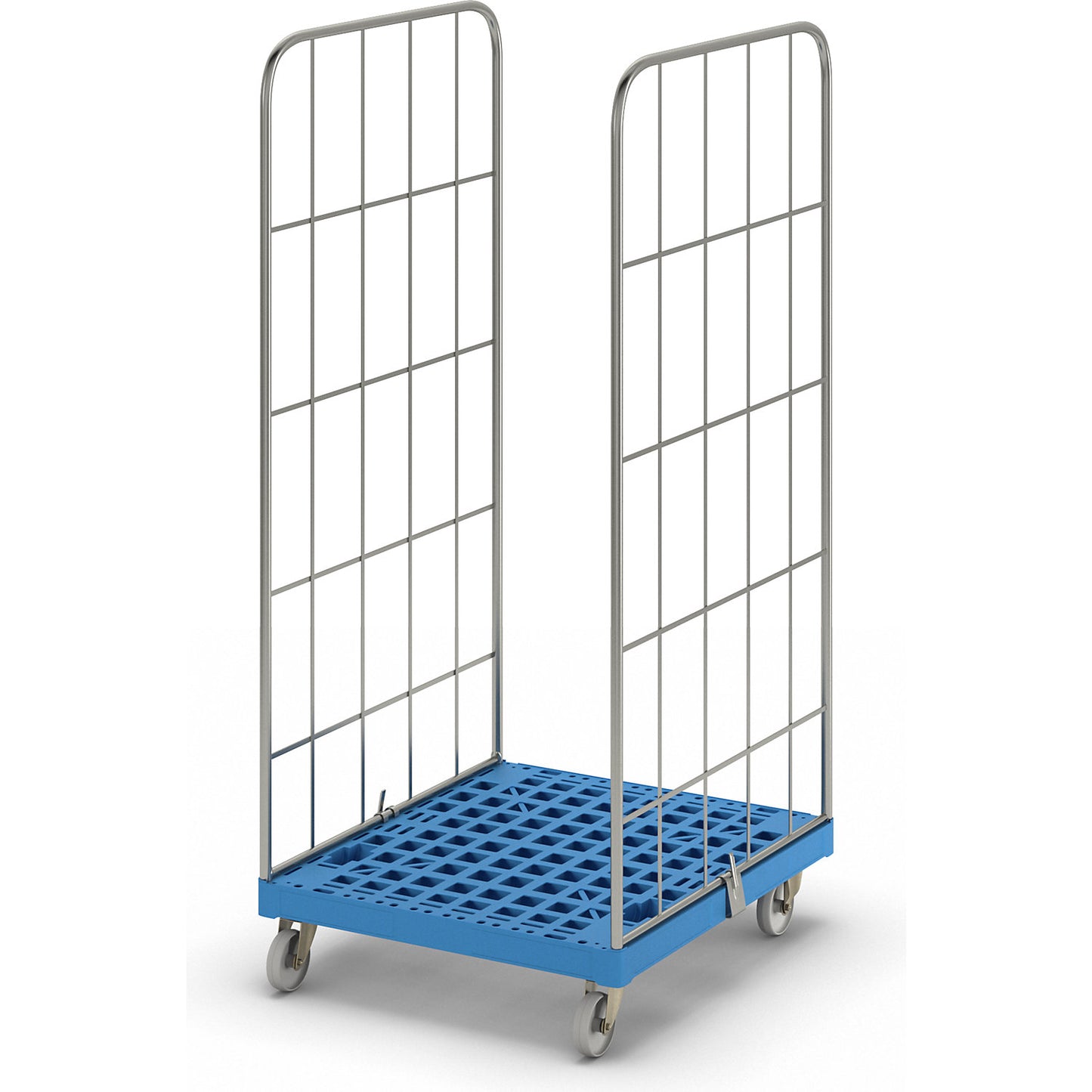 MODULAR roll container, plastic transport dolly, mesh on 2 sides, light blue dolly.