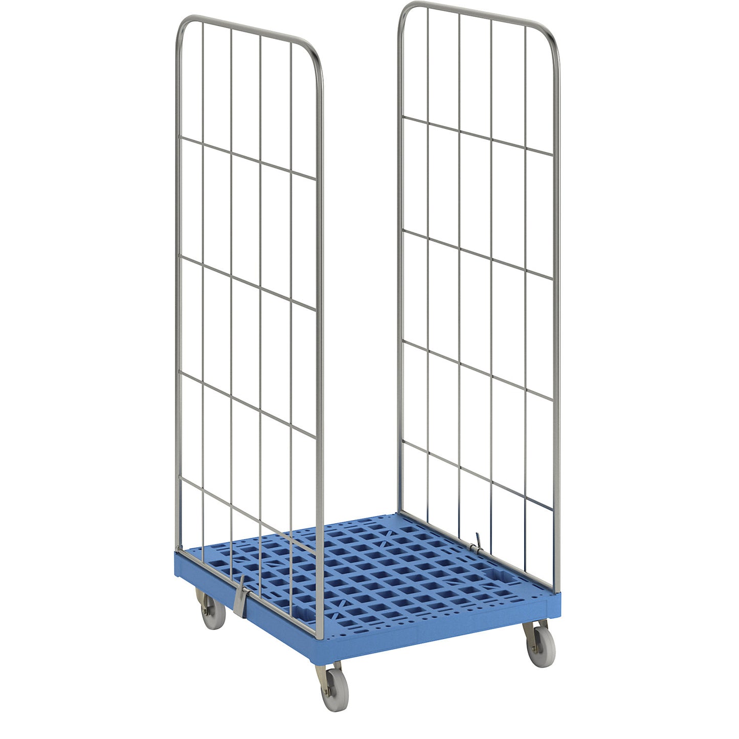 MODULAR roll container, plastic transport dolly, mesh on 2 sides, light blue dolly.