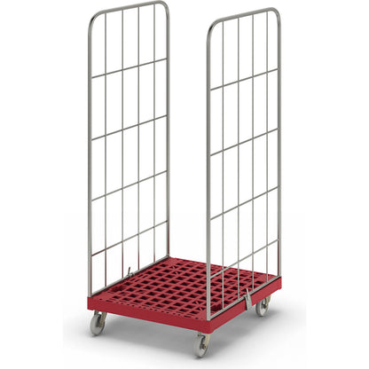 MODULAR roll container, plastic transport dolly, mesh on 2 sides, red dolly.