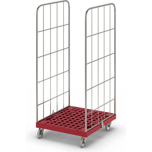 MODULAR roll container, plastic transport dolly, mesh on 2 sides, red dolly.