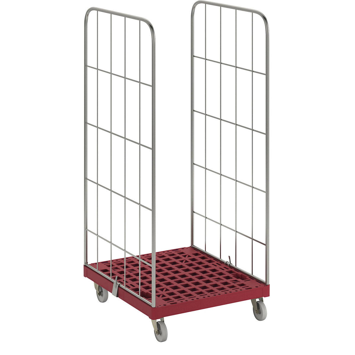 MODULAR roll container, plastic transport dolly, mesh on 2 sides, red dolly.