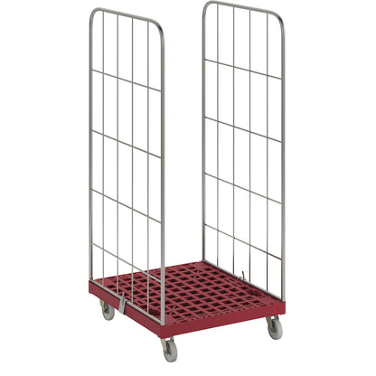 MODULAR roll container, plastic transport dolly, mesh on 2 sides, red dolly.