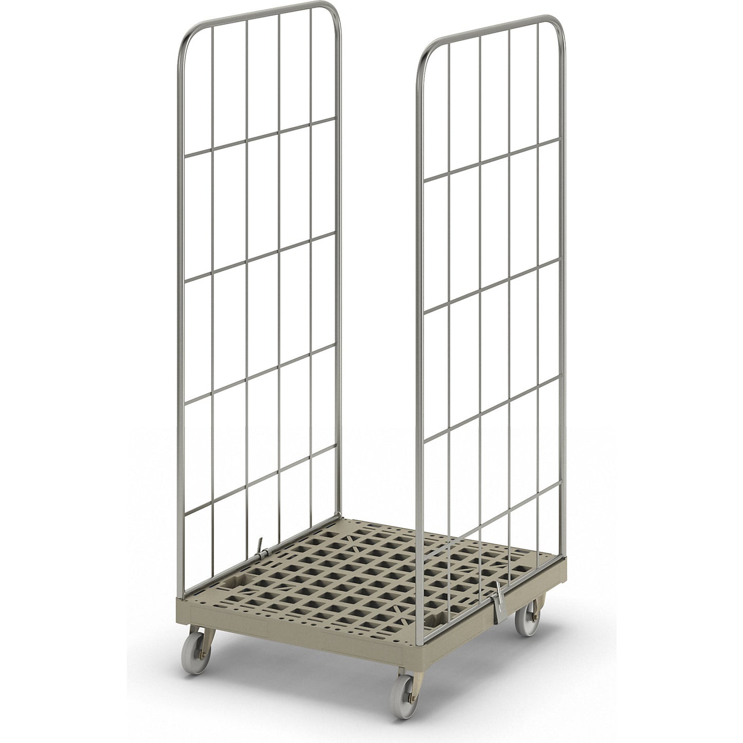 MODULAR roll container, plastic transport dolly, mesh on 2 sides, grey dolly.