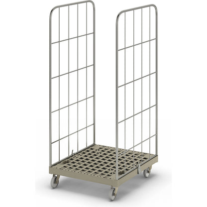 MODULAR roll container, plastic transport dolly, mesh on 2 sides, grey dolly.