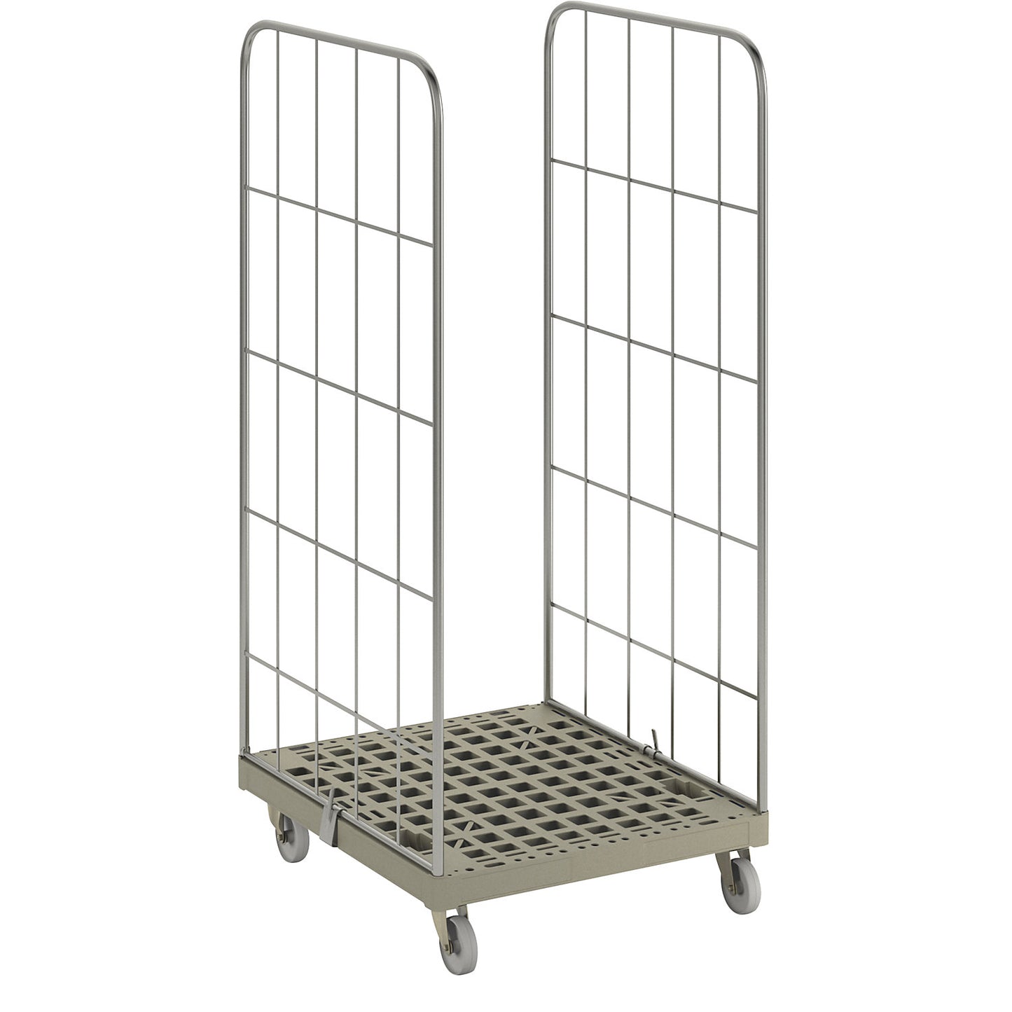 MODULAR roll container, plastic transport dolly, mesh on 2 sides, grey dolly.