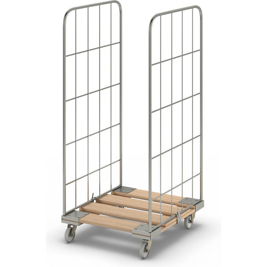 MODULAR roll container, wooden transport dolly, mesh on 2 sides.