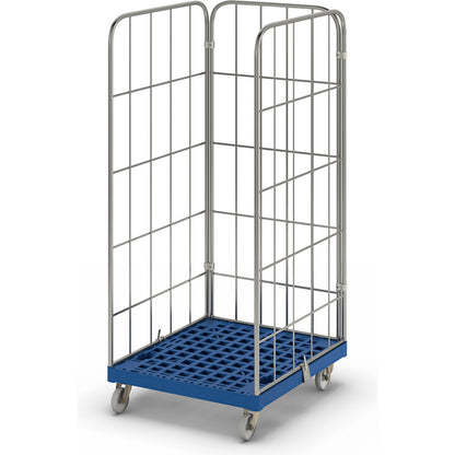 MODULAR roll container, plastic transport dolly, mesh on 3 sides, dark blue dolly.