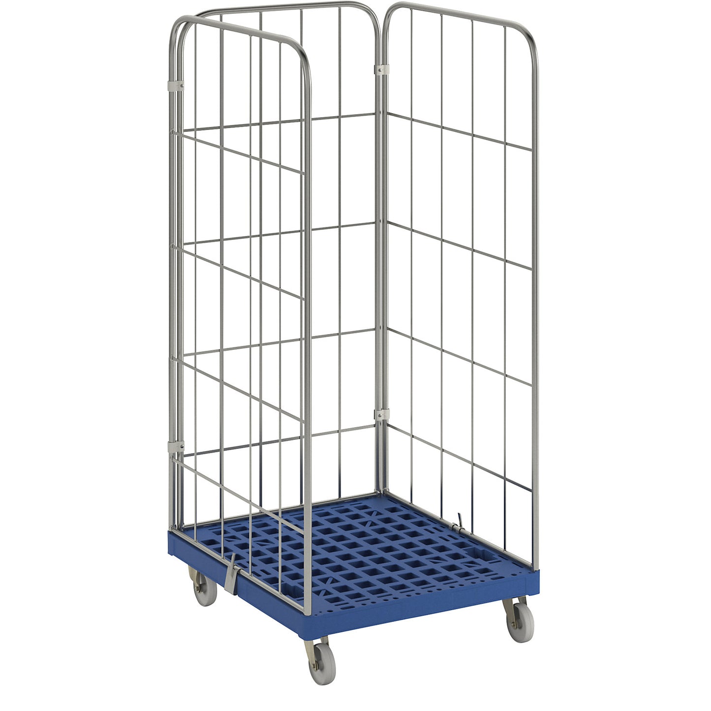 MODULAR roll container, plastic transport dolly, mesh on 3 sides, dark blue dolly.