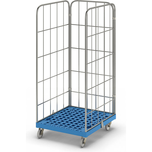 MODULAR roll container, plastic transport dolly, mesh on 3 sides, light blue dolly.