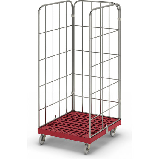 MODULAR roll container, plastic transport dolly, mesh on 3 sides, red dolly.