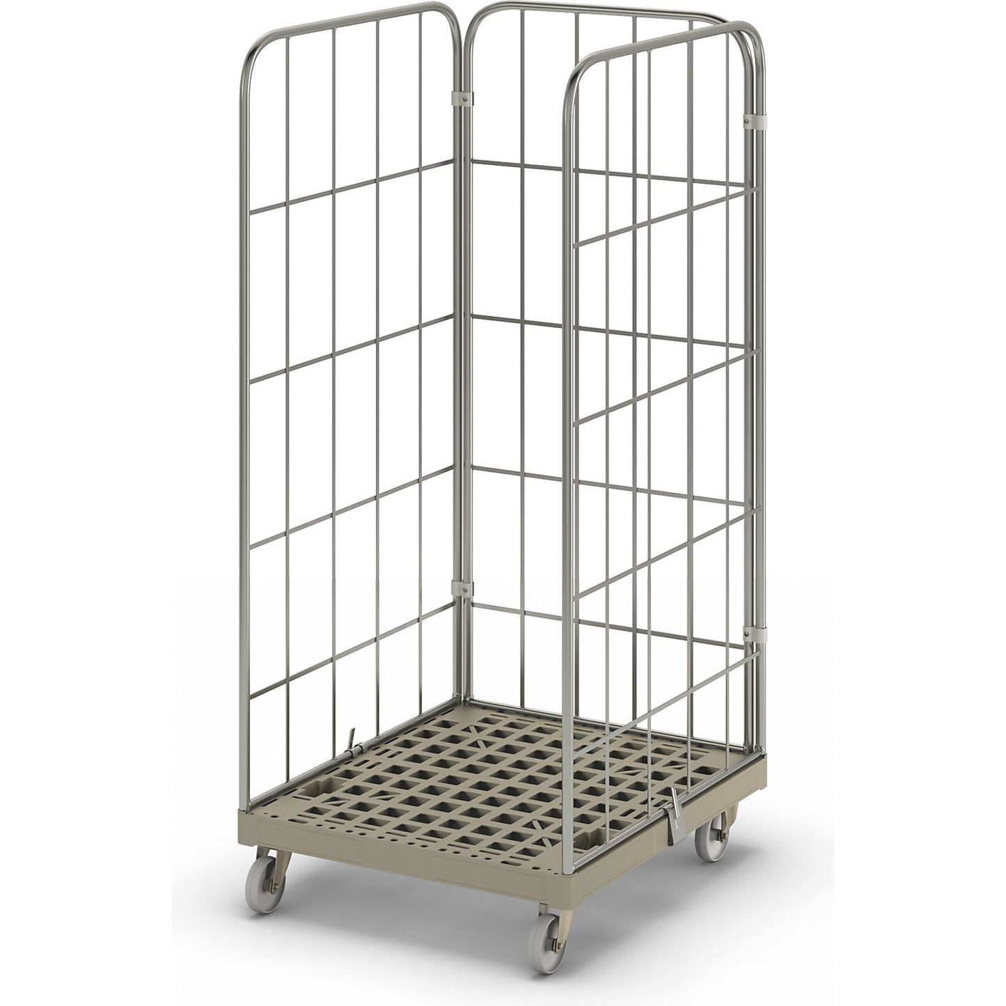 MODULAR roll container, plastic transport dolly, mesh on 3 sides, grey dolly.