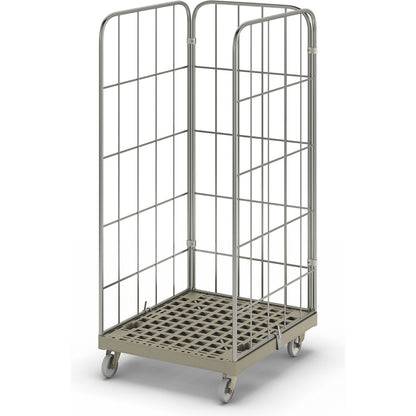 MODULAR roll container, plastic transport dolly, mesh on 3 sides, grey dolly.