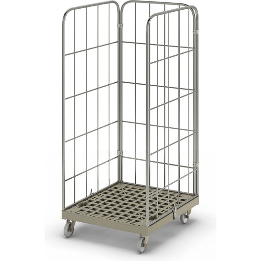 MODULAR roll container, plastic transport dolly, mesh on 3 sides, grey dolly.